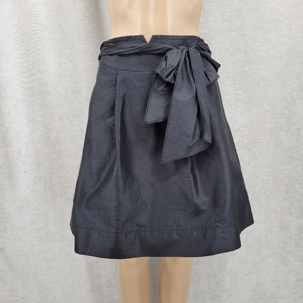 Trina Turk Silk Crepe Black A-Line Pleated Midi Skirt Bow Ties Waist Pockets